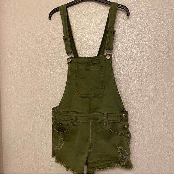 Forever 21 Green denim distress Shorts bib Overalls green stretchy size 27 - Picture 2 of 10